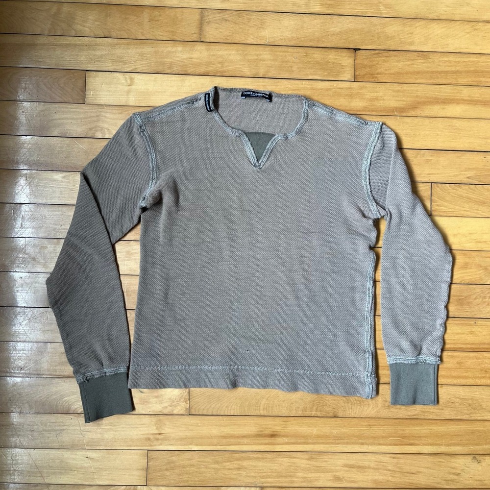 Dolce & Gabbana Mens Waffle Knit Thermal Shirt Grey Long Sleeve Made in Italy